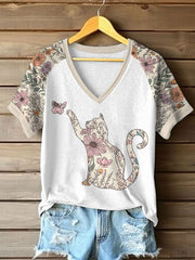 T-shirt décontracté imprimé chat fleurs sauvages pour femmes
