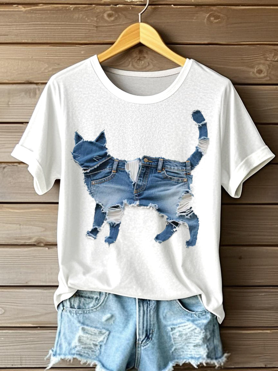 Funny Cat Patchwork Art T-shirt à manches courtes pour femmes