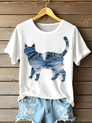Funny Cat Patchwork Art T-shirt à manches courtes pour femmes