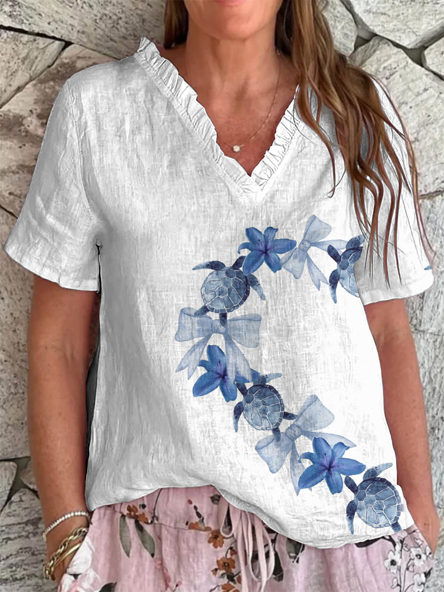 Top Femme Sea Turtle Print à Col en V