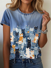 T-shirt chat imprimé denim femme