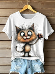 T-shirt décontracté à imprimé de chat de dessin animé de cheveux fous pour femmes