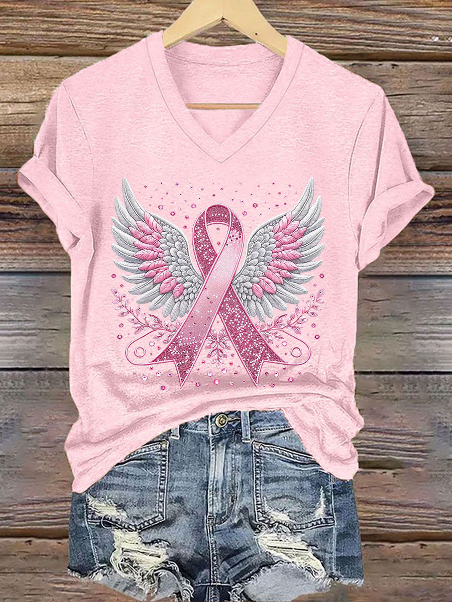 T-shirt à imprimé ruban rose pour femmes, sensibilisation au cancer du sein