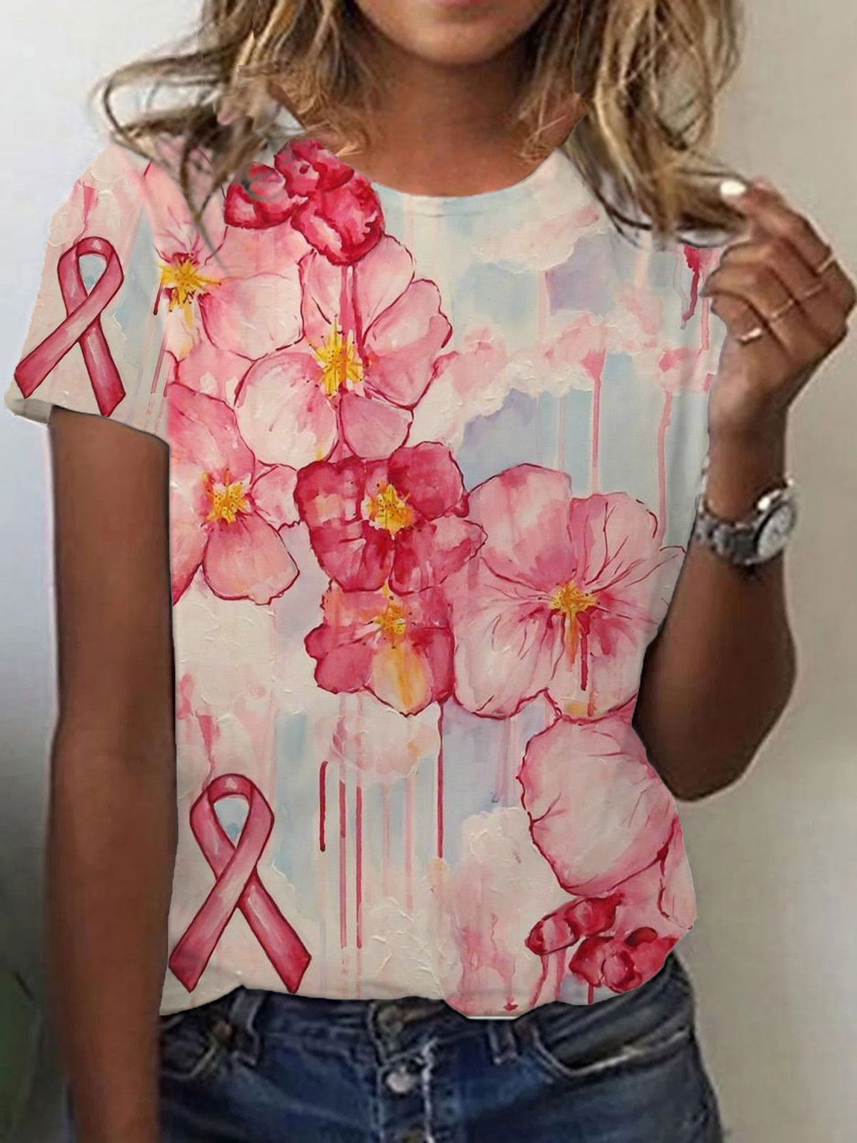 T-shirt à manches courtes imprimé fleurs du ruban rose cancer du sein pour femmes