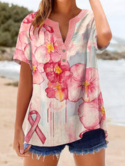 Chemise Femme à Manches Courtes Imprimé Fleurs Ruban Rose Cancer Du Sein