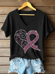 Strass Rose Ruban Motif V-Neck T-Shirt des femmes