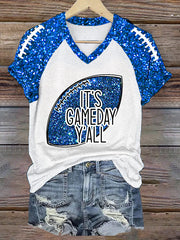 Femmes C'est Football Y'all Glitter Imprimer Football Fans Cadeau Casual V-Neck Tee