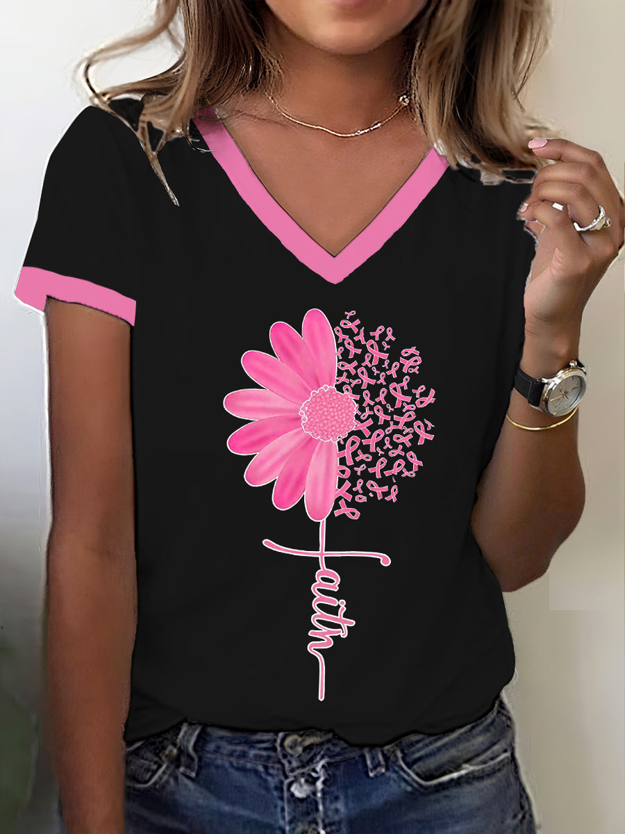 T-shirt de ruban rose de tournesol de foi de conscience de cancer du sein des femmes