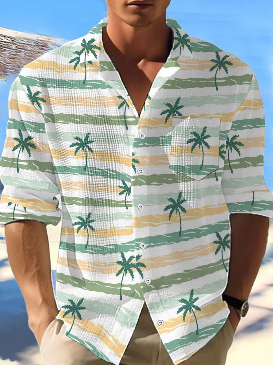 Chemise hawaïenne à manches longues Coconut Tree Waffle pour hommes