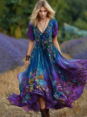 Vintage violet et bleu lavande Patchwork et Floral brodé Art lin Maxi robe des femmes