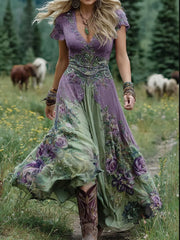 Lavande pourpre de gradient chic des femmes et robe maxi courte imprimée florale