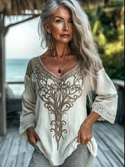 Vintage Tribal celtique noeud dentelle V Neck lin Shirt des femmes