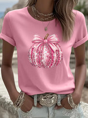 T-shirt rose de soutien de sensibilisation au cancer du sein à imprimé citrouille pour femmes