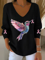 Haut décontracté à imprimé colibri pour femmes, sensibilisation au cancer du sein