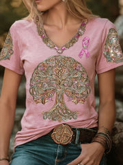 T-shirts col V Arbre de vie Cancer du sein pour femmes