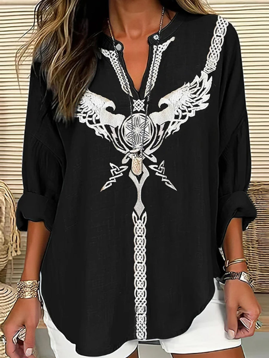 Chemise décontractée à imprimé lin Viking Art pour femmes