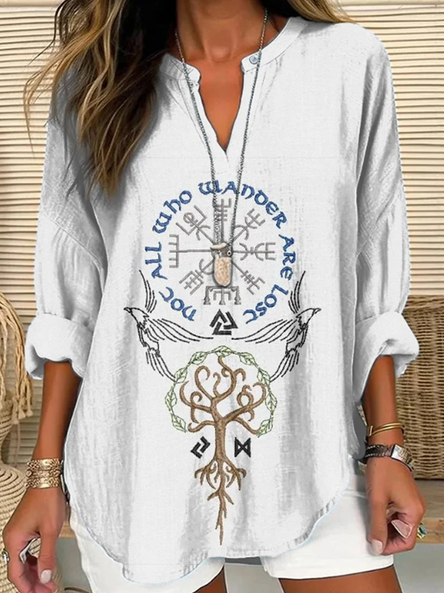 Chemise en mélange de lin à col en V pour femmes Viking Rune Broderie Pattern