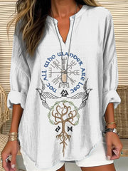 Chemise en mélange de lin à col en V pour femmes Viking Rune Broderie Pattern