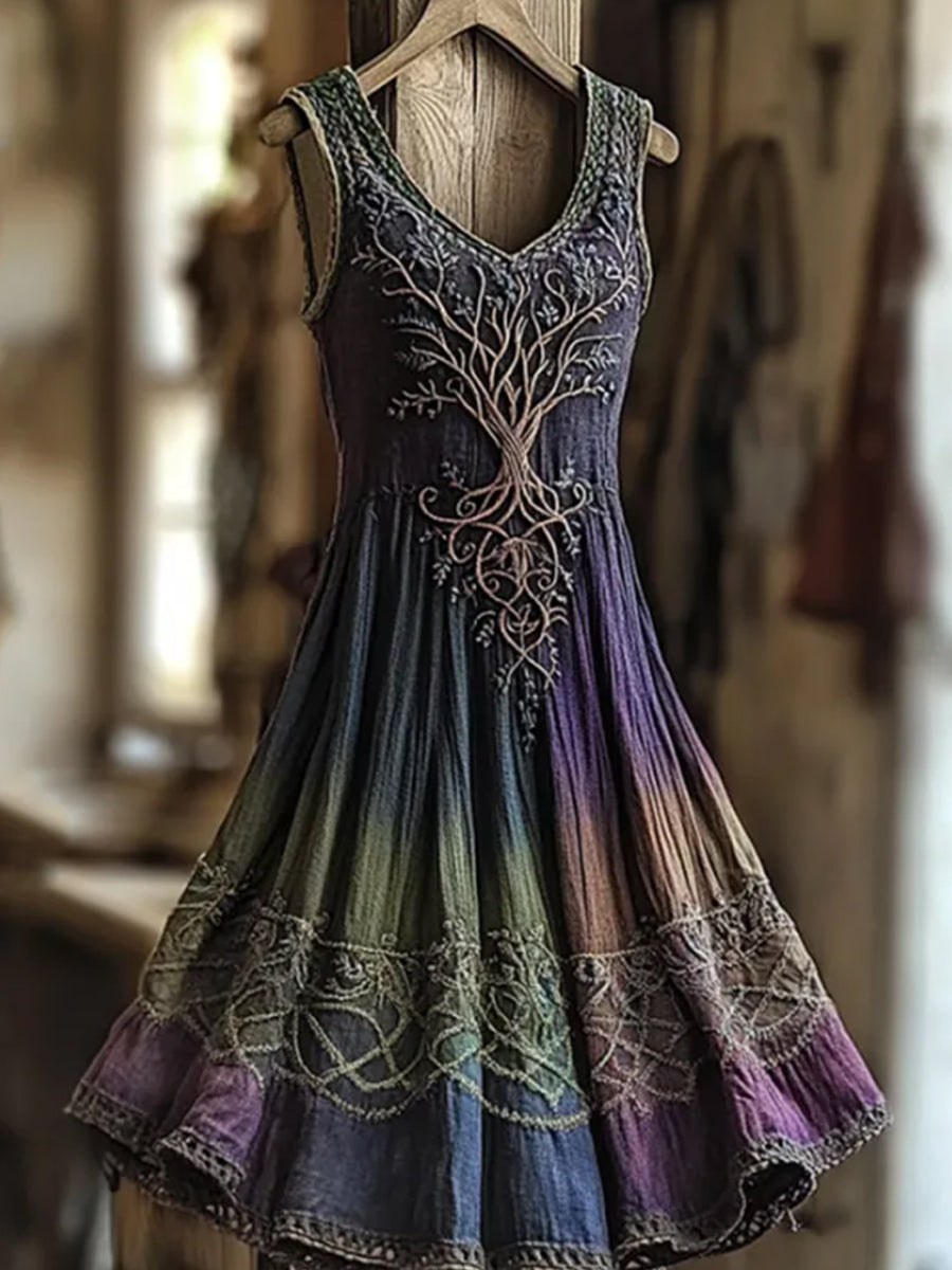 Vintage Viking Tree Of Life Robe en lin dégradé de couleur pour femmes