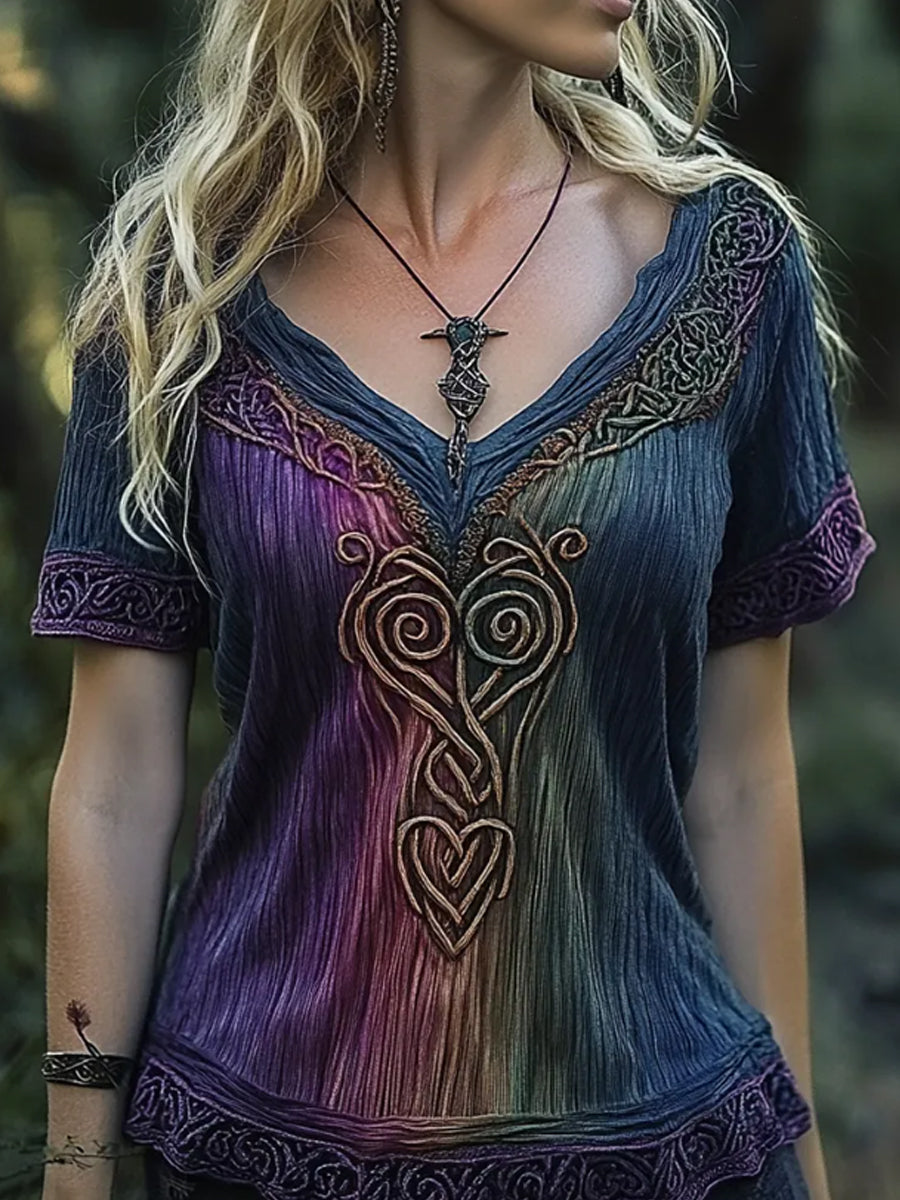 Viking des femmes noeud celtique broderie Gradient Art Vintage lin T-Shirt