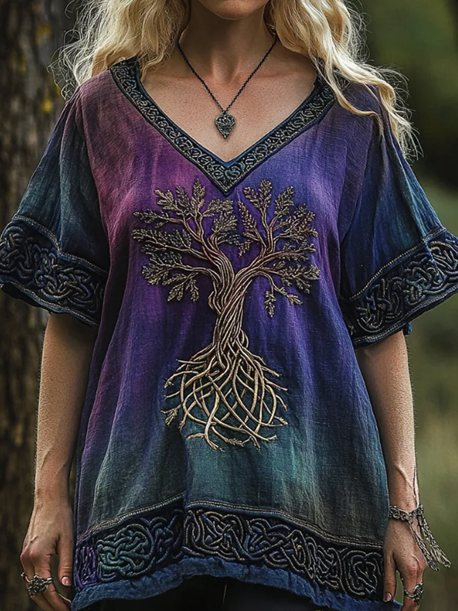 Vintage Viking Tree Of Life Gradient broderie Art lin T-Shirt des femmes