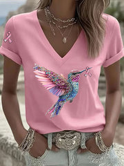 T-shirt décontracté à col en V à imprimé ruban rose pour femmes