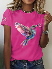 T-shirt décontracté imprimé Colibri de sensibilisation au cancer du sein pour femmes