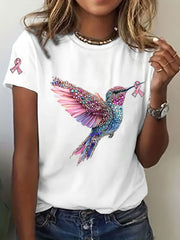 T-shirt décontracté imprimé Colibri de sensibilisation au cancer du sein pour femmes