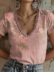 T-shirt décontracté à imprimé floral rose pour femme