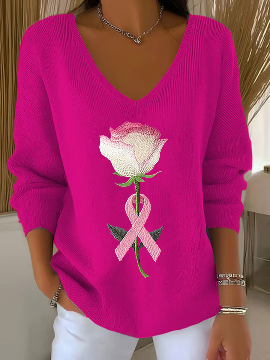 Haut Décontracté Femme Rose Ruban Imprimé Sensibilisation Au Cancer Du Sein