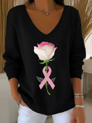 Haut Décontracté Femme Rose Ruban Imprimé Sensibilisation Au Cancer Du Sein