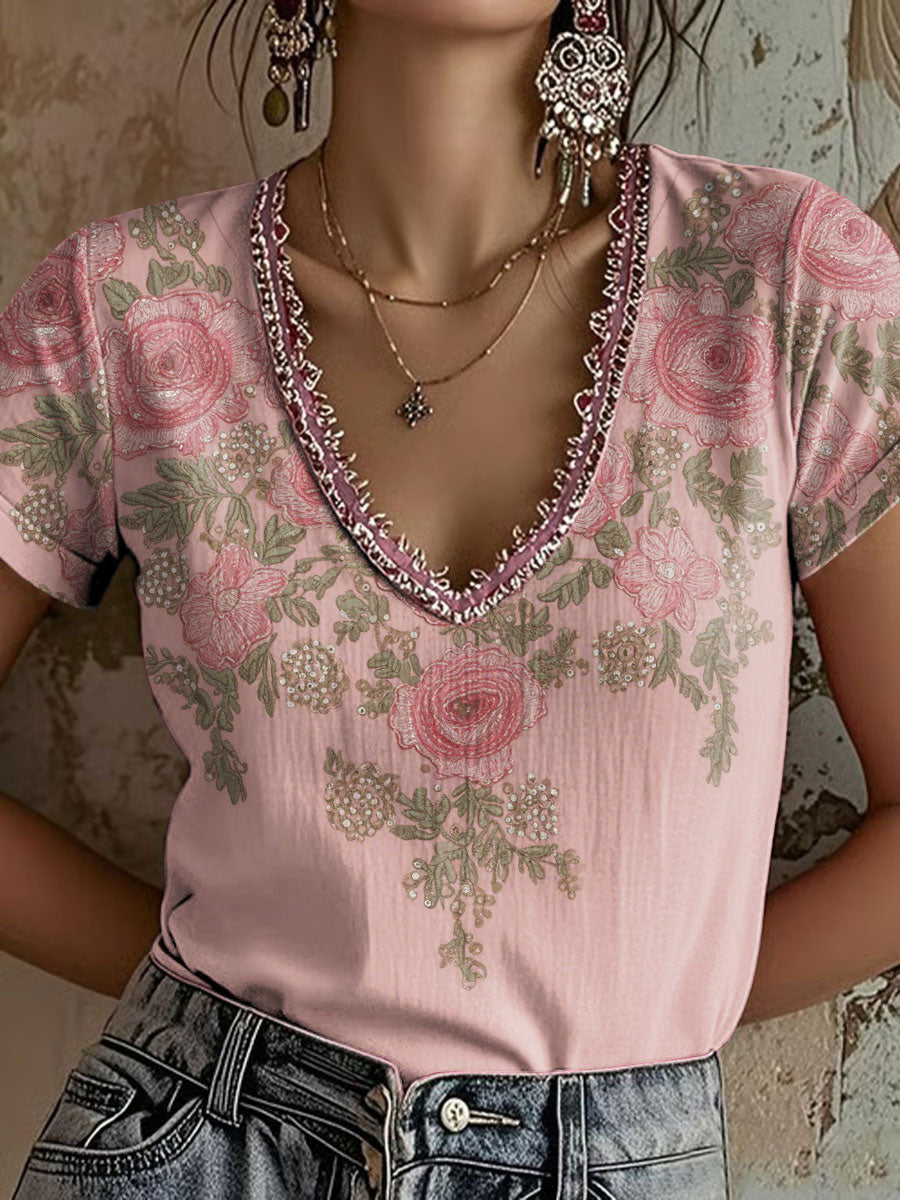 T-shirt décontracté à imprimé floral rose pour femme