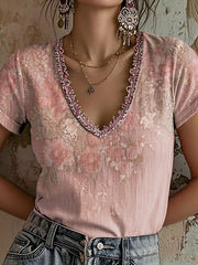 T-shirt décontracté à imprimé floral rose pour femme