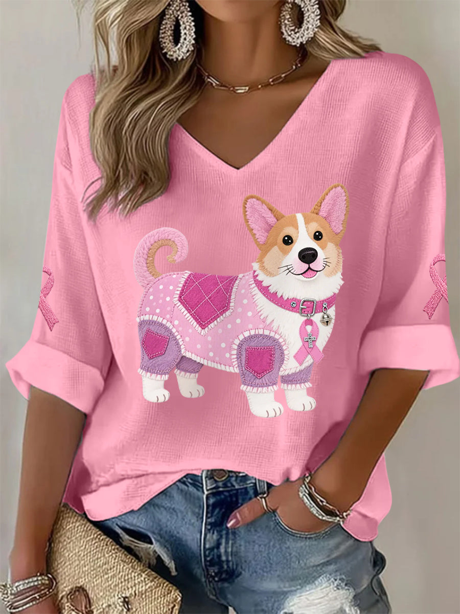 T-shirt à manches longues pour femmes Rose Chien Rose Ruban Soutien Sensibilisation au Cancer du Sein