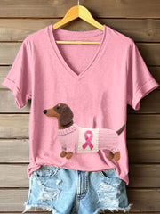 T-shirt à col en V à motif de teckel pour femmes