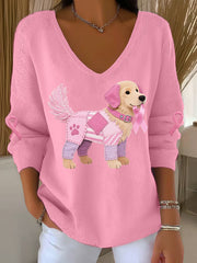 Haut à manches longues Femme Rose Chien Rose Ruban de Soutien de Sensibilisation au Cancer du Sein