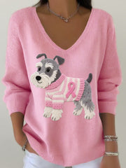 Femmes Feutre Art Schnauzer Motif V-Neck Haut côtelé