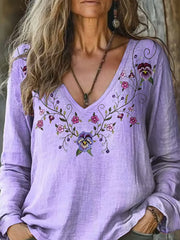 T-shirt à manches longues décontracté à col en V avec imprimé floral Alzheimer pour femmes