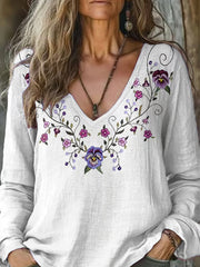 T-shirt à manches longues décontracté à col en V avec imprimé floral Alzheimer pour femmes