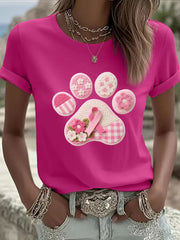 T-shirt Décontracté Imprimé Patte de Chien Rose Femme