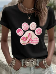 T-shirt Décontracté Imprimé Patte de Chien Rose Femme