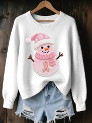 Pull en tricot confortable brodé de bonhomme de neige de Noël pour femmes