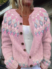 Pull islandais d'hiver pour femmes col rond lâche bouton Cardigan