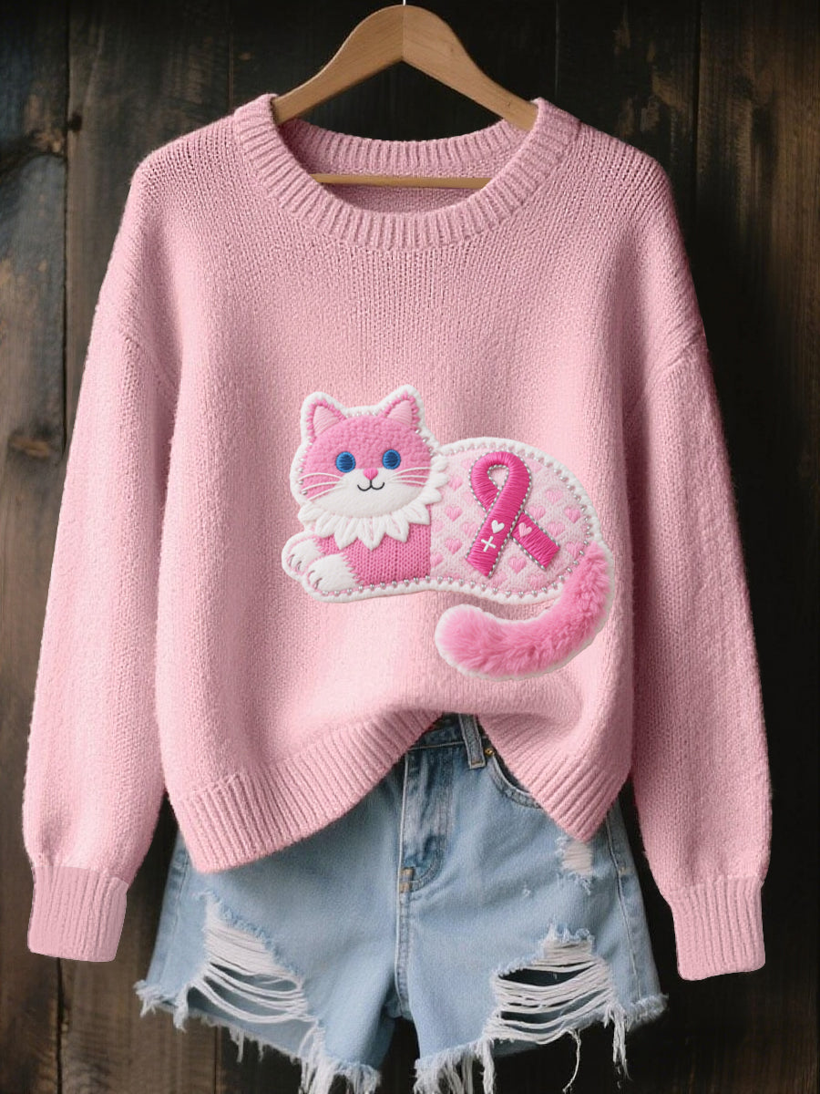 Pull Cozy en Tricot Femme Rose Imprimé Cancer Du Sein