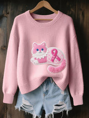 Pull Cozy en Tricot Femme Rose Imprimé Cancer Du Sein