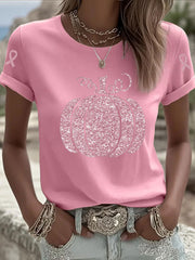 Sensibilisation au cancer du sein T-shirt décontracté à imprimé citrouille rose pour femmes