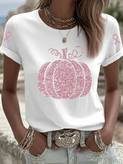 Sensibilisation au cancer du sein T-shirt décontracté à imprimé citrouille rose pour femmes