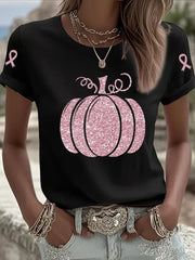 Sensibilisation au cancer du sein T-shirt décontracté à imprimé citrouille rose pour femmes
