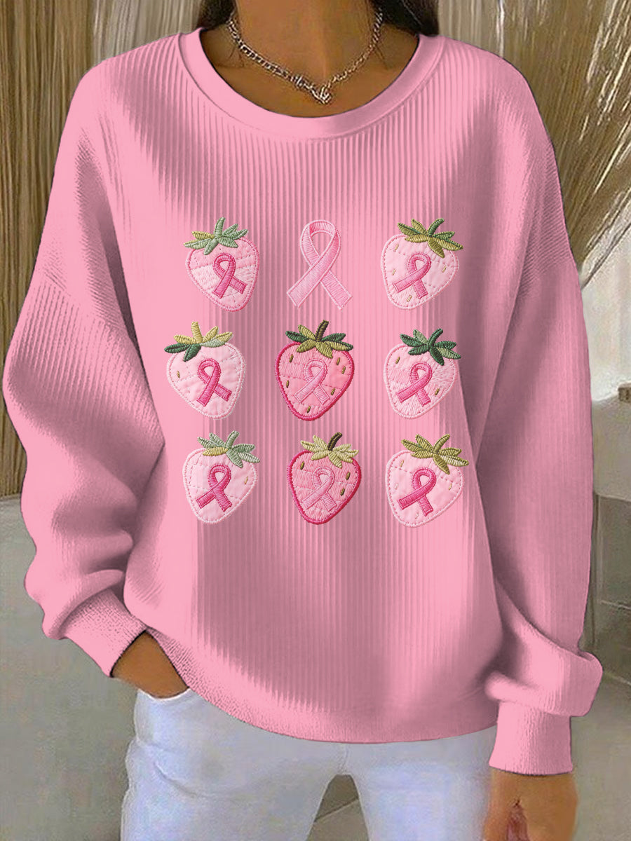 Le cancer du sein rose des femmes brodé fraise imprimé Sweat-shirt décontracté