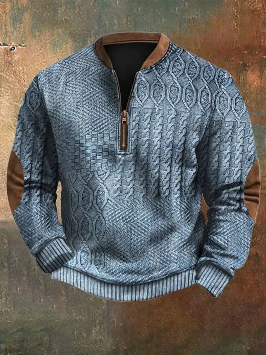 Sweat-shirt à fermeture à glissière décontracté imprimé à motif de câble vintage pour hommes